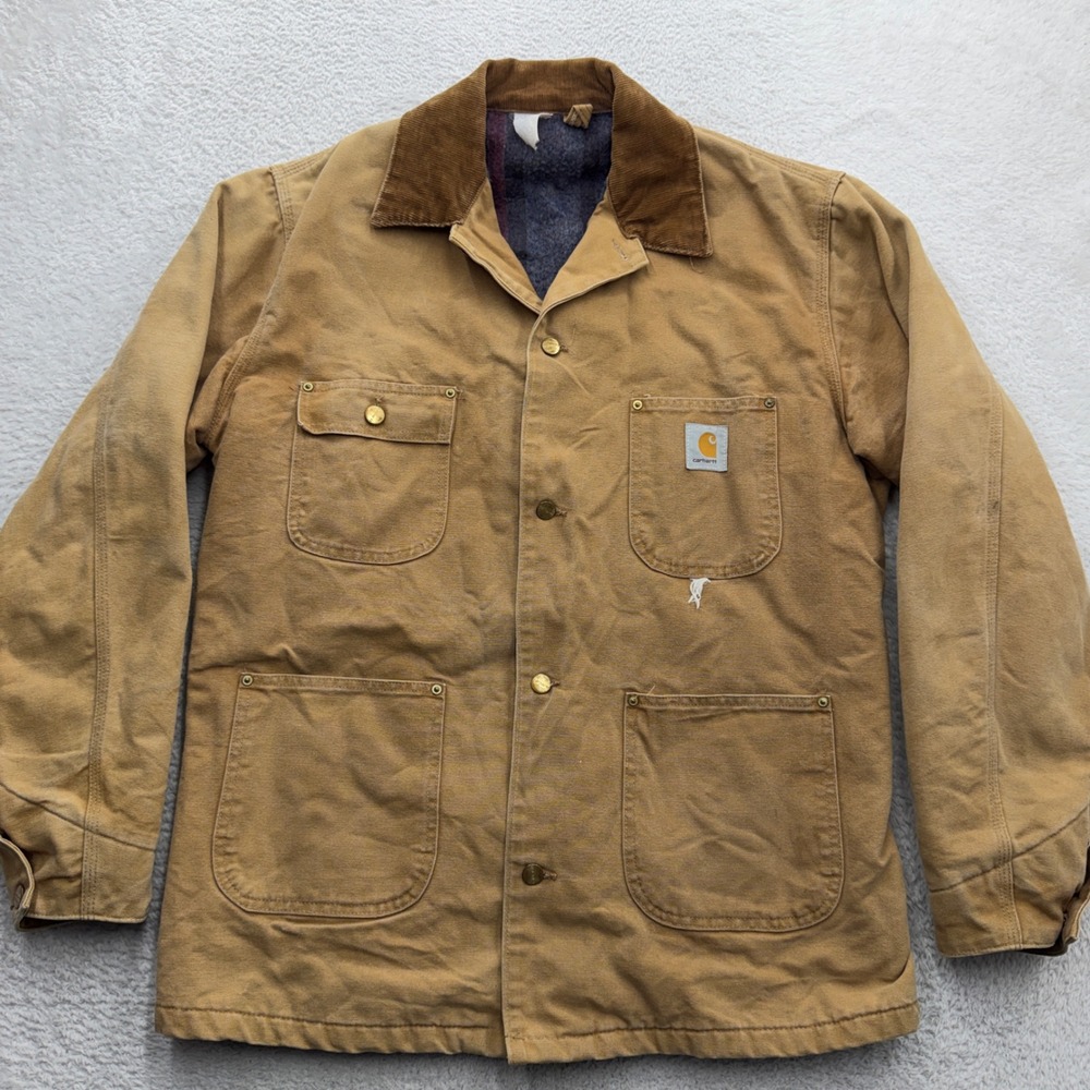 Vintage Carhartt Chore Coat Brown Duck Canvas Blanket Lined Made in USA Mens L